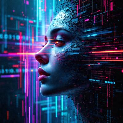 The primary subject of the image is a woman's face, which is the main focus of the image. The setting is a futuristic environment, with the woman's face surrounded by a colorful, digital art-like background. The visual style is a combination of photo and digital art, creating a unique and intriguing image. The colors and mood of the image are vibrant and energetic, with a strong emphasis on the woman's face and the surrounding digital art.